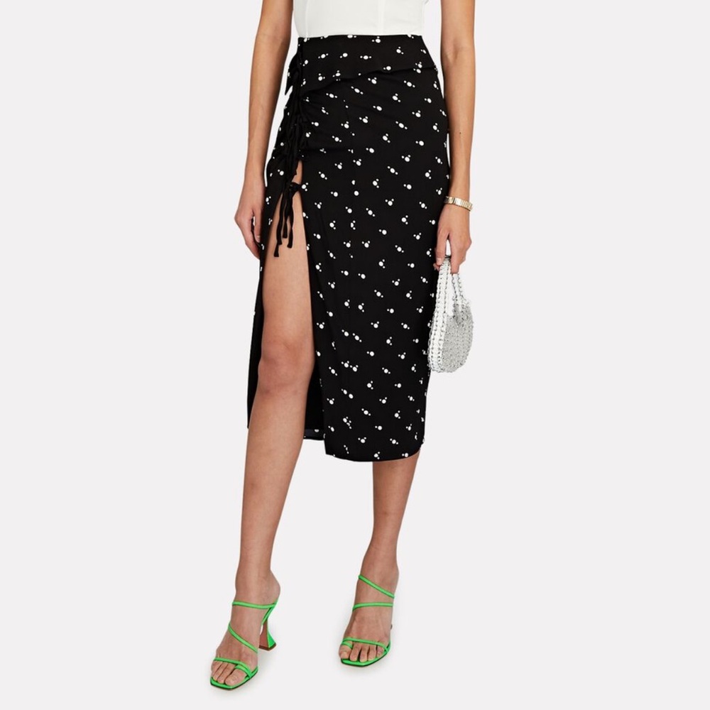 Self Portrait Polka Dot Ruched Black Midi Slit Skirt 2